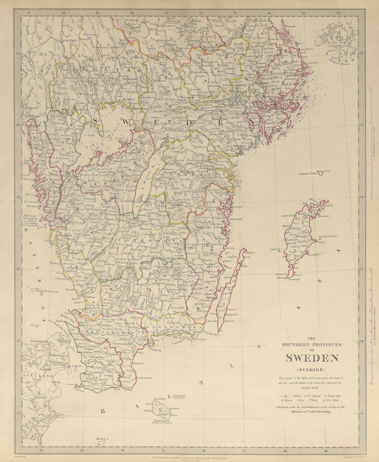 SWEDEN. the Southern Provinces of Sweden (Sverige) . SDUK 1844 old antique map