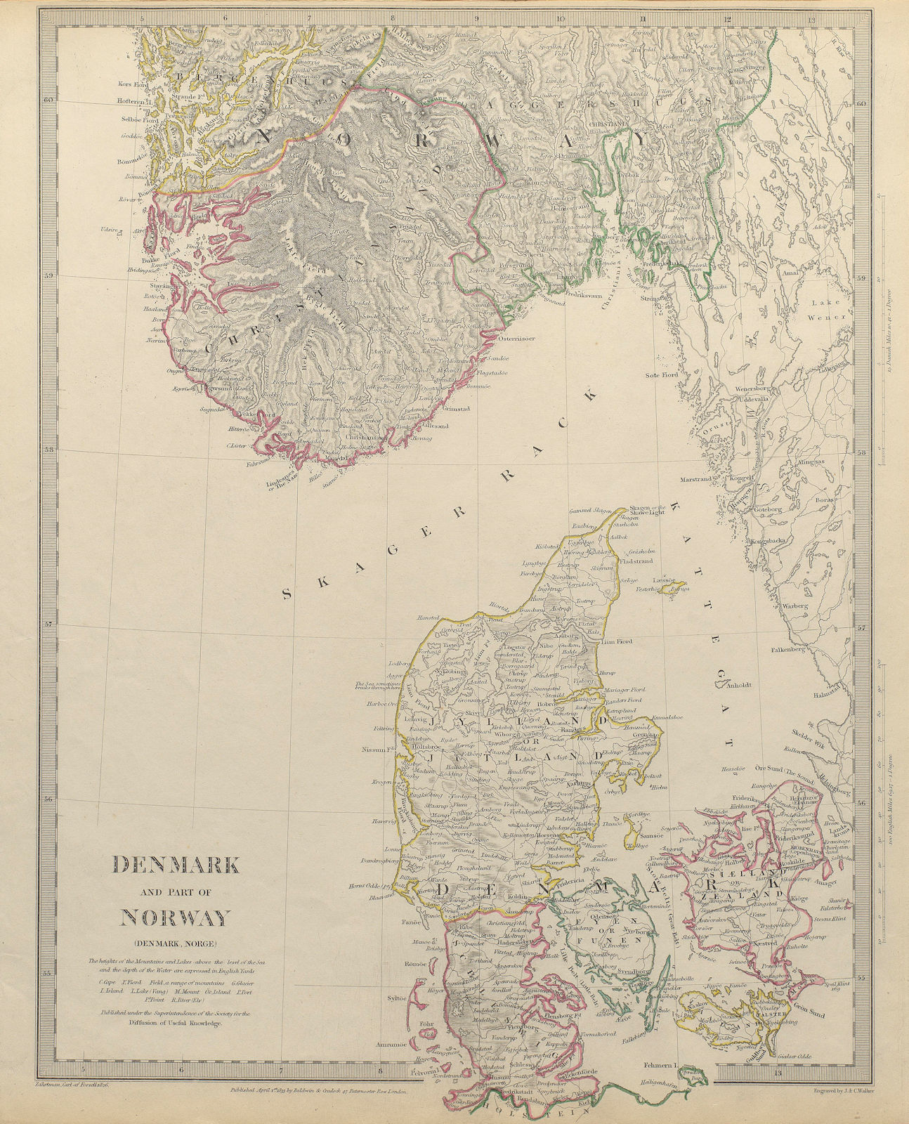 SCANDINAVIA. Denmark and Southern Norway (Norge) . SDUK 1844 old antique map