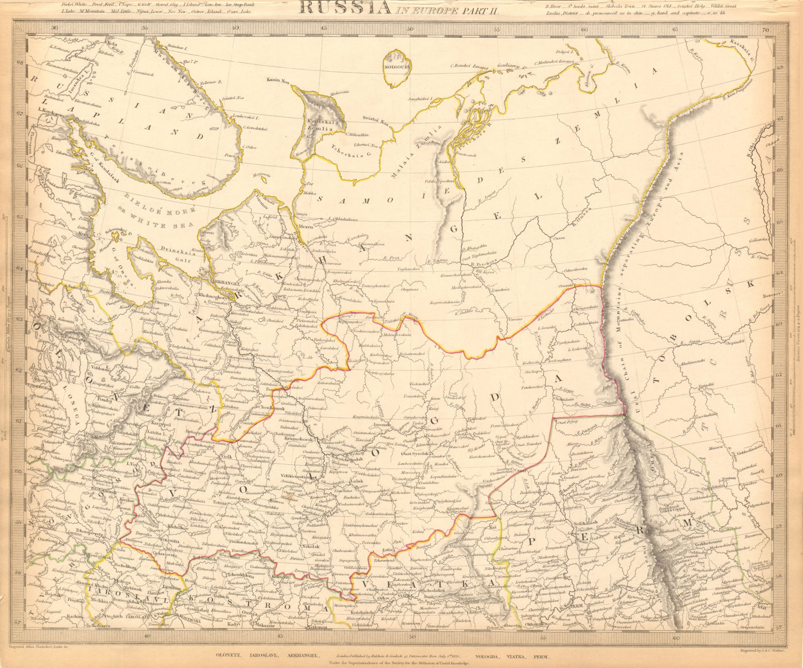 RUSSIA.Arkhangelsk Vologda VIatka Perm Olontez Iaroslavl.SDUK 1844 old map