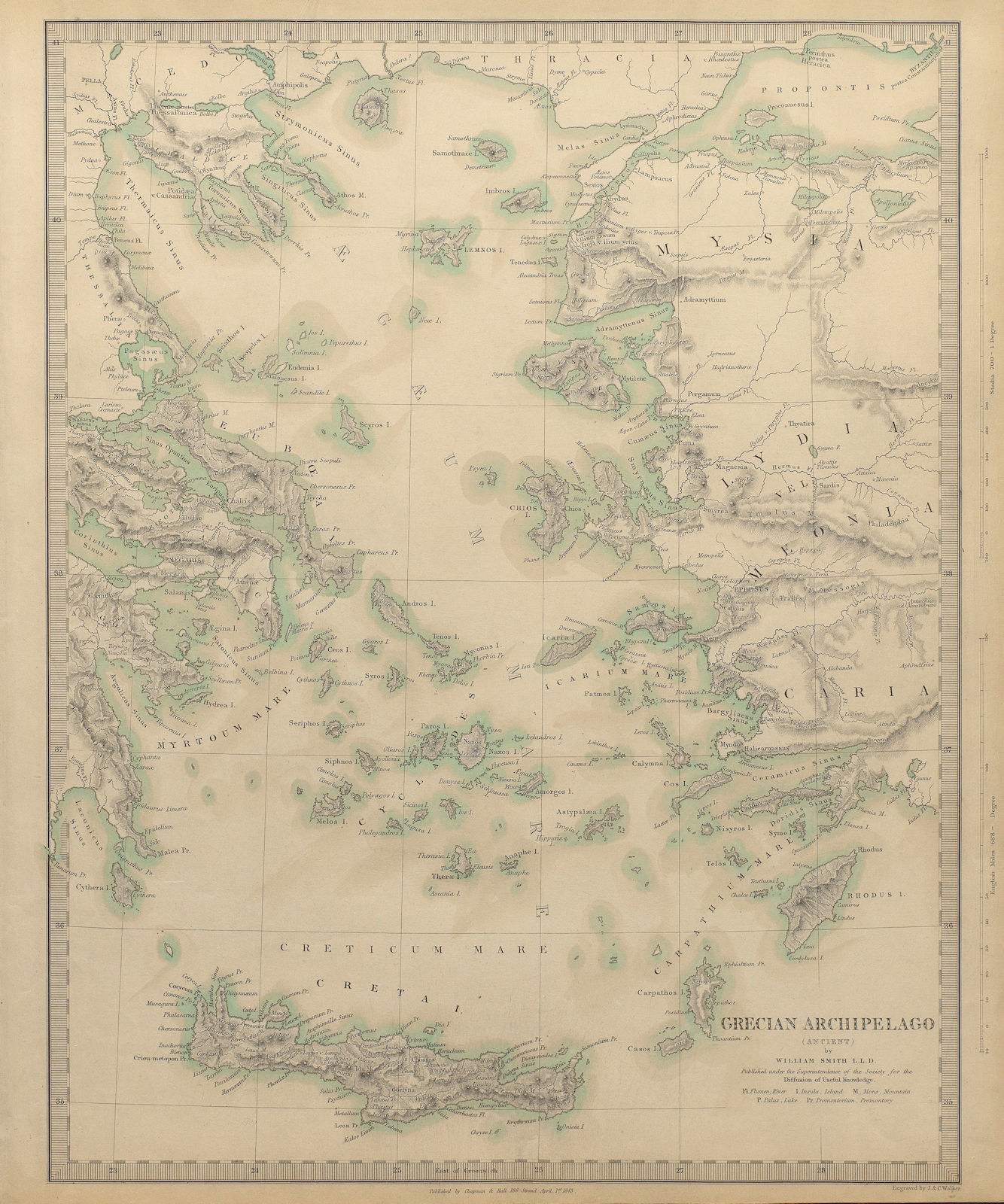 GREEK ARCHIPELAGO ANCIENT.Aegean Cyclades Creta Crete Dodecanese.SDUK 1844 map