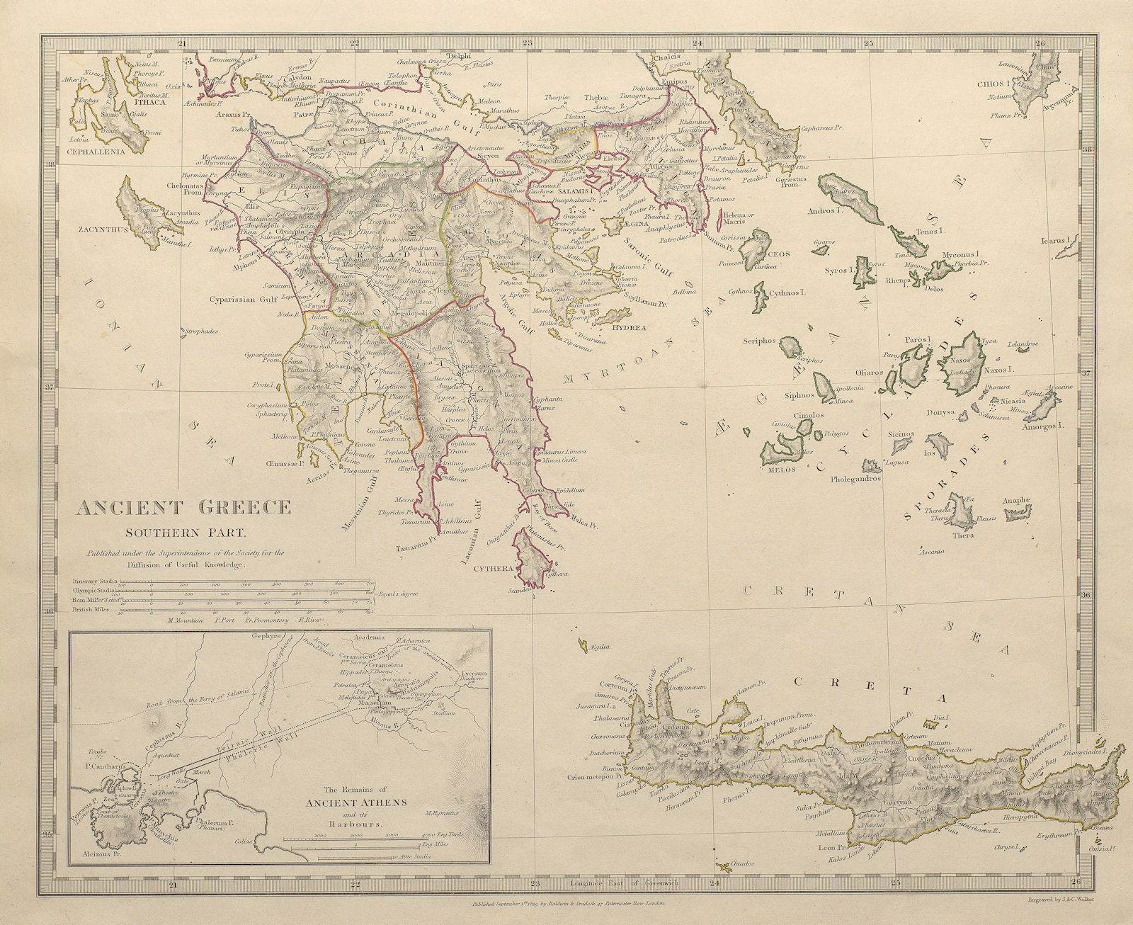 ANCIENT GREECE.Morea Creta Athens Peloponnesus Cyclades Arcadia.SDUK 1844 map