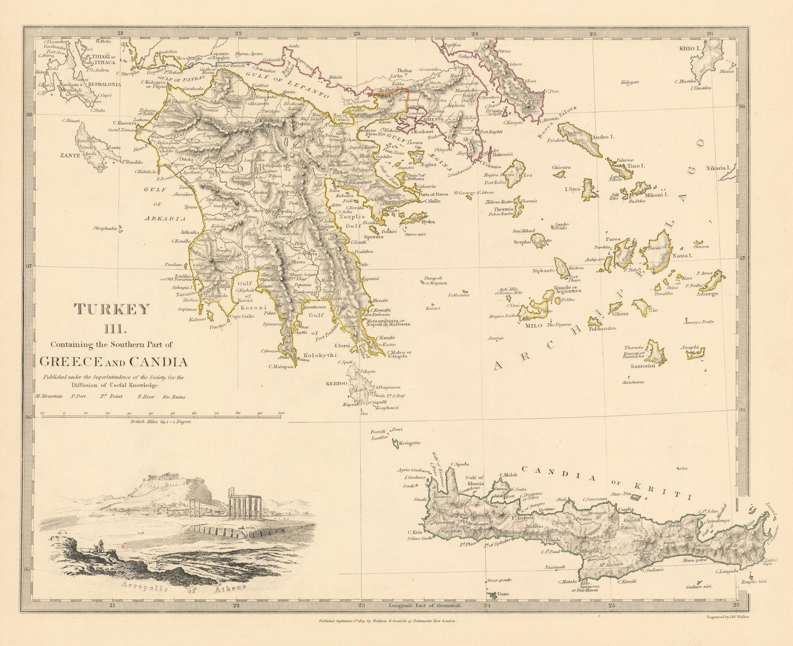GREECE.Crete Morea Aegean Ionian Cyclades Zakynthos Peloponnese.SDUK 1844 map