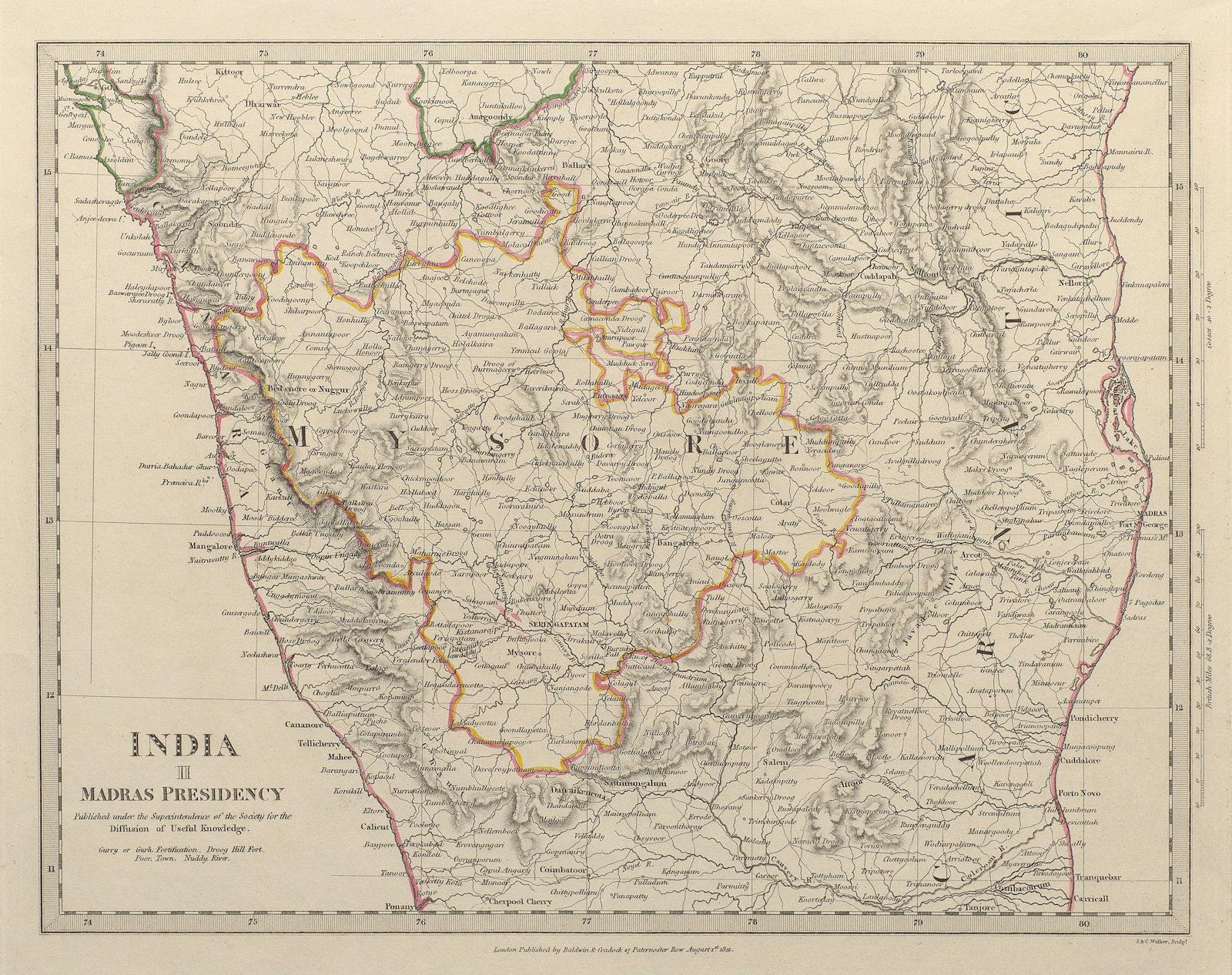 INDIA SOUTH.Madras (Chennai) Presidency & Mysore.Canara Carnatic.SDUK 1844 map