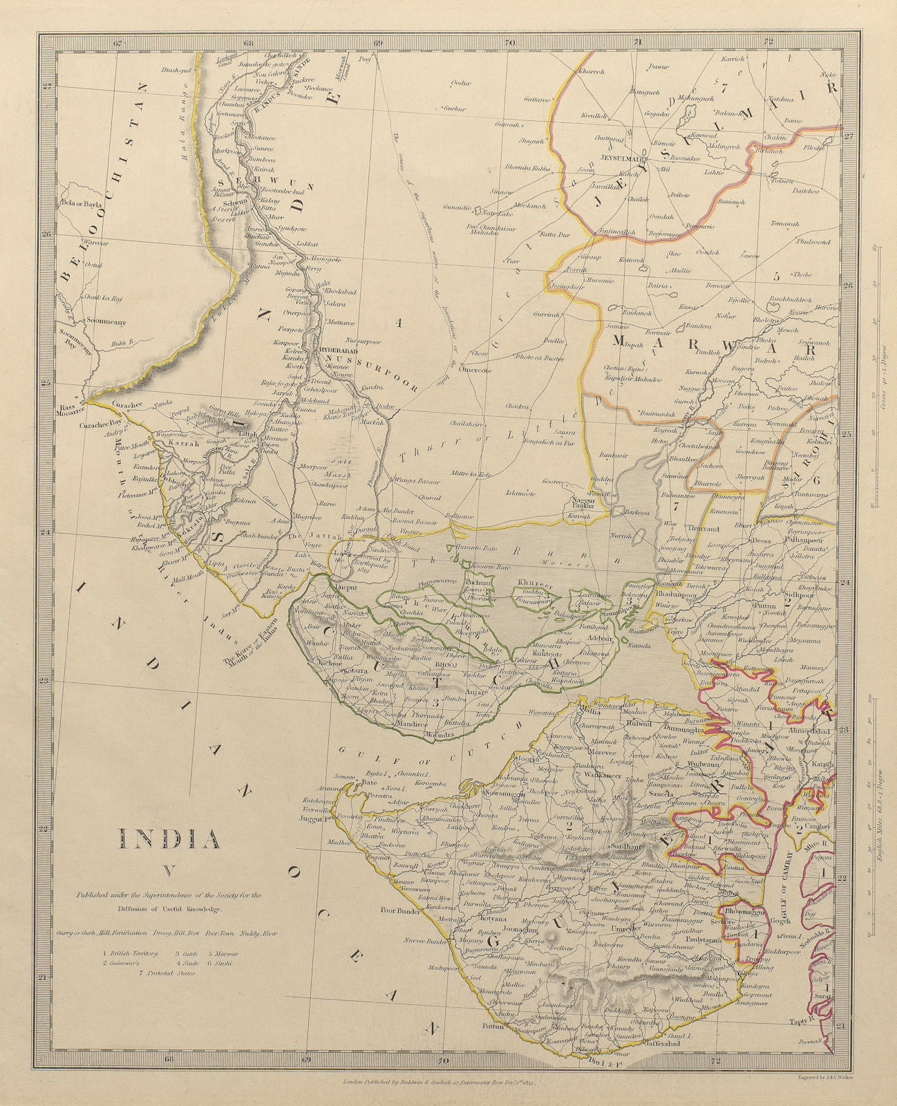 INDIA. Sinde to Gujerat. Marwar Cutch Jaisalmer. SDUK 1844 old antique map