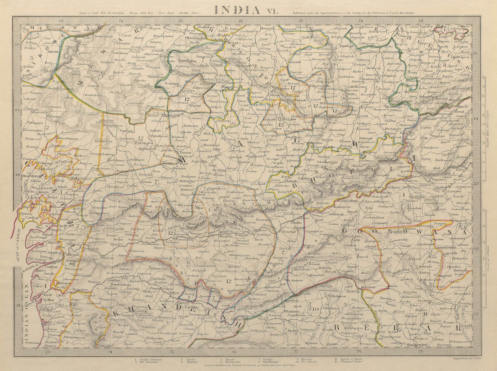 INDIA.Bundelkhand to Khandeish Berar.Gujerat. Goondwana Bhopal.SDUK 1844 map