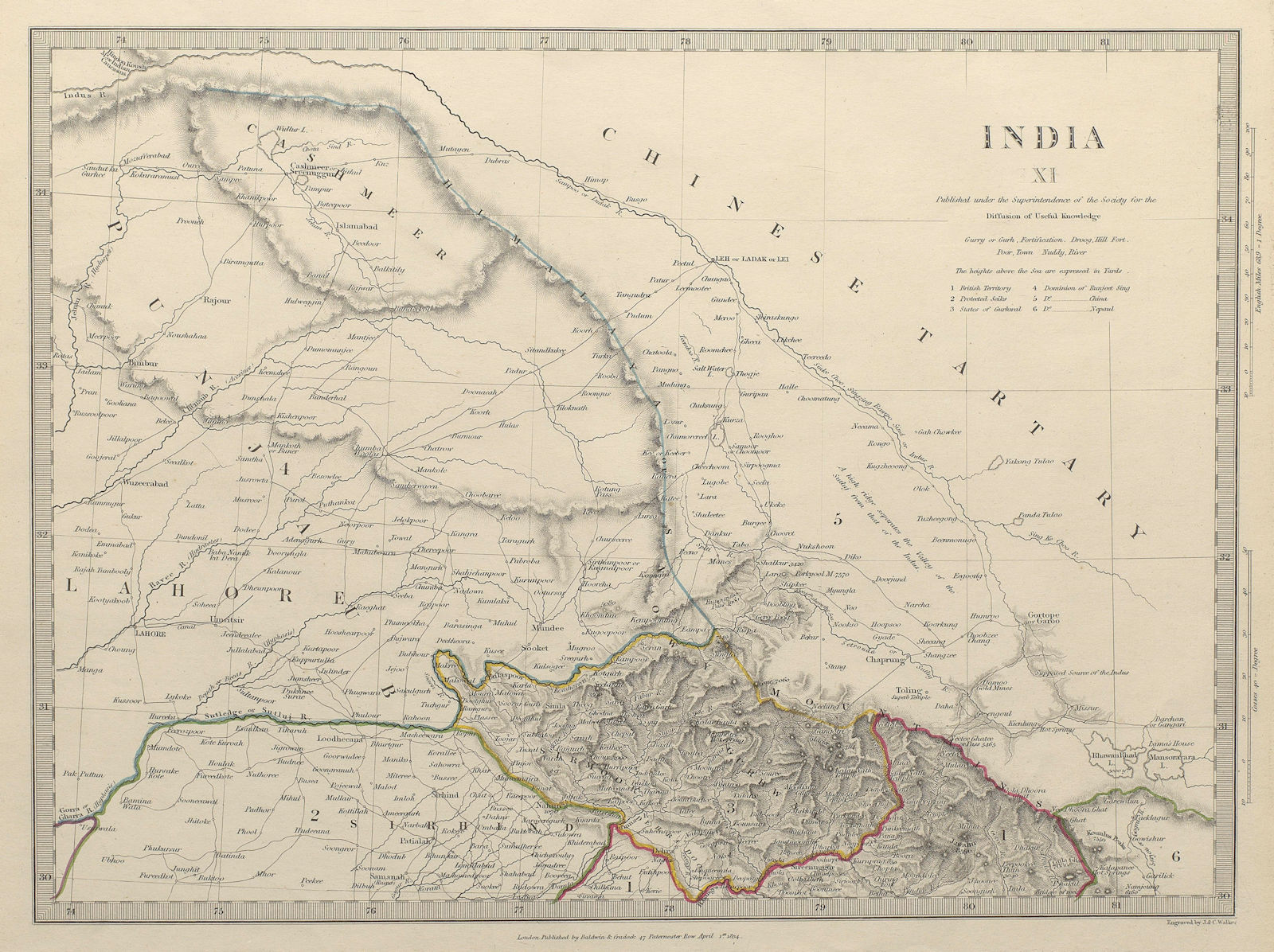 INDIA PAKISTAN. Punjab Garhwal Lahore Sirhind Kashmir China. SDUK 1844 old map