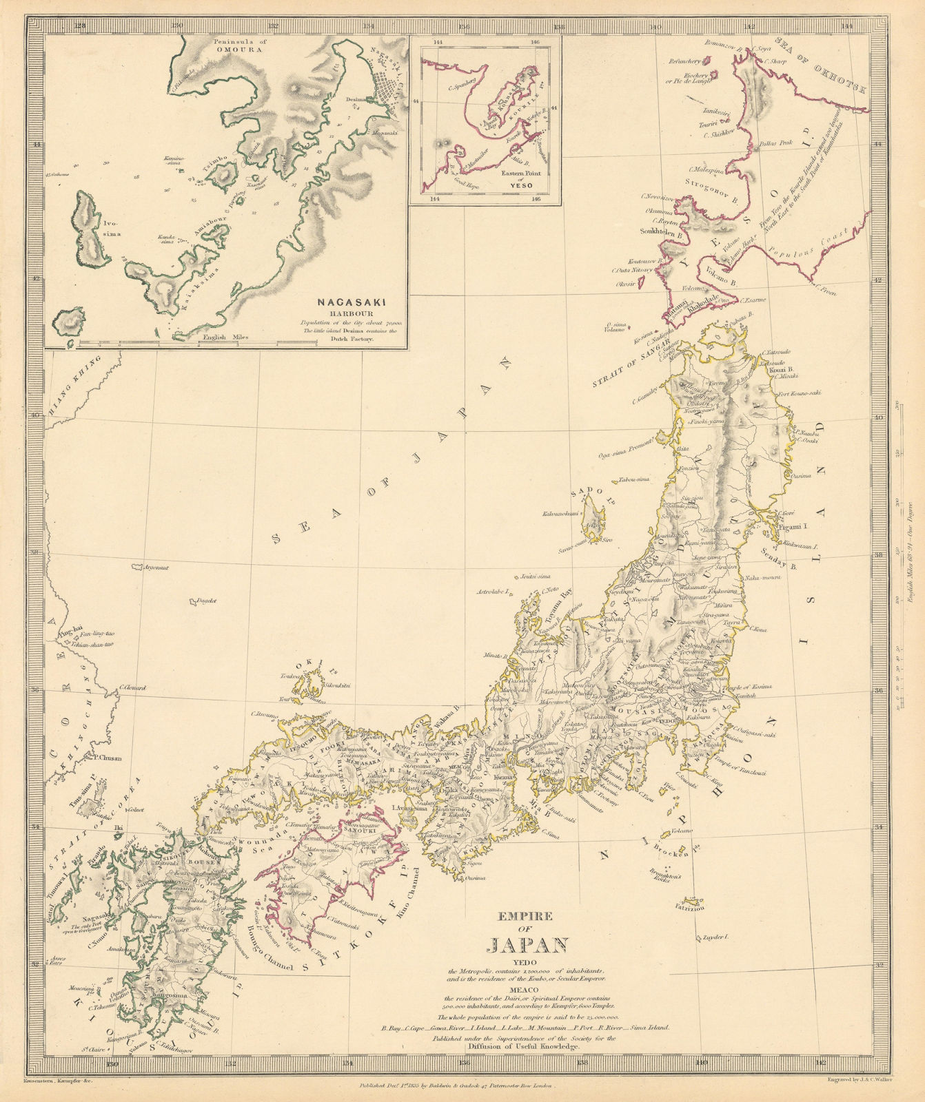 EMPIRE OF JAPAN. Inset Nagasaki Harbour; Yeso. Niphon Nippon. SDUK 1844 map