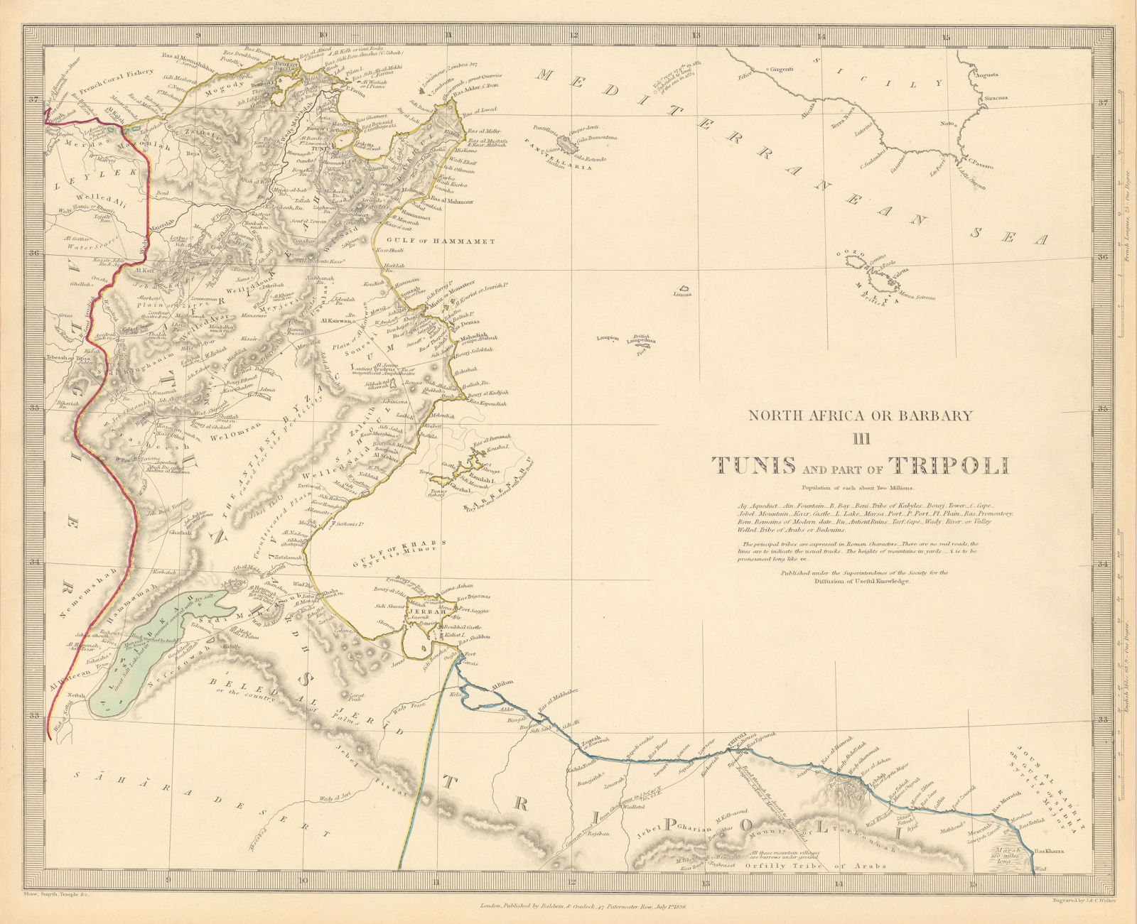 TUNISIA LIBYA. North Africa or Barbary. Tunis Tripoli. SDUK 1844 old map