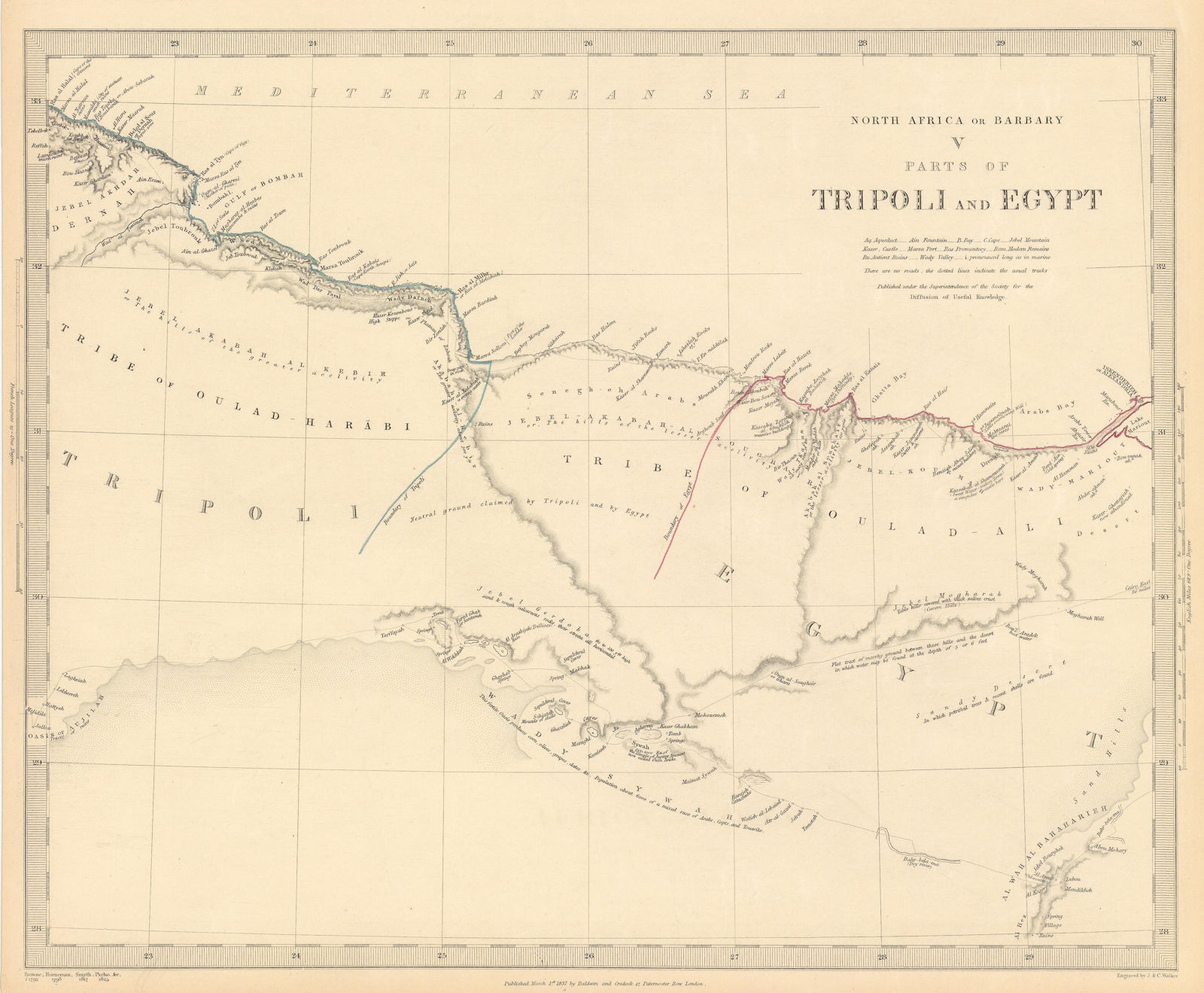 NORTH AFRICA BARBARY. Parts of Tripoli (Libya) & Egypt. Tribes. SDUK 1844 map