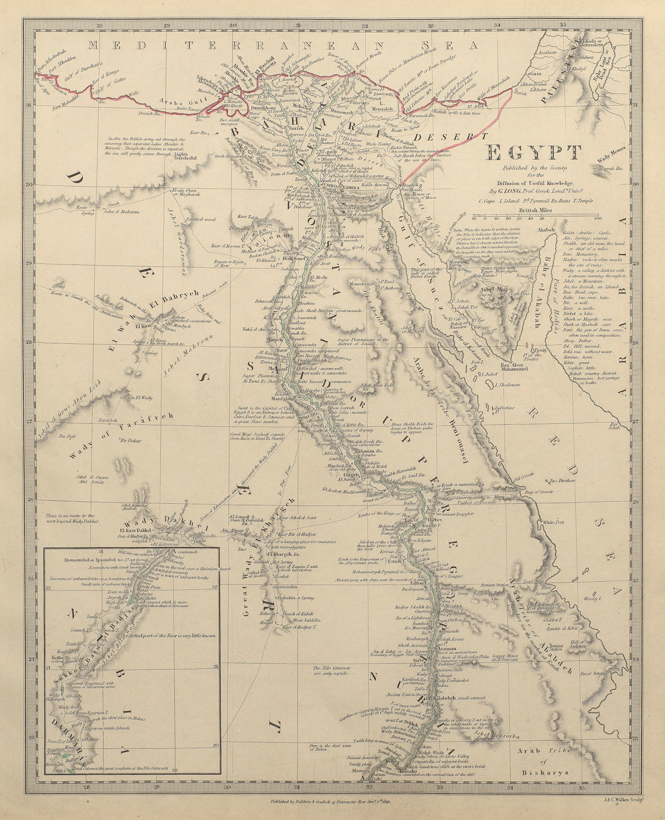 EGYPT. Nile valley. Original outline colour. SDUK 1844 old antique map chart