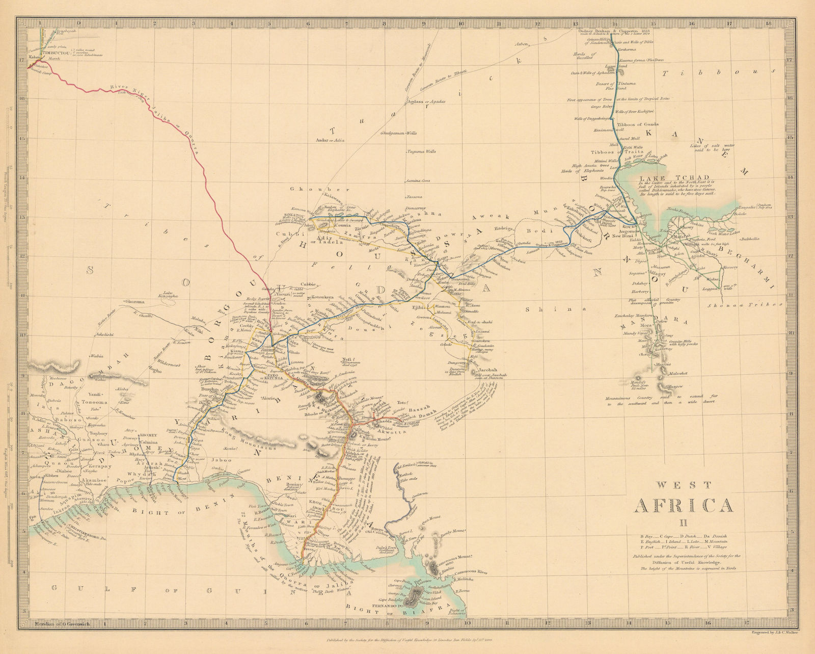 NIGERIA w/ early explorers' routes. Lake Chad Yariba Houssa Borgou.SDUK 1844 map