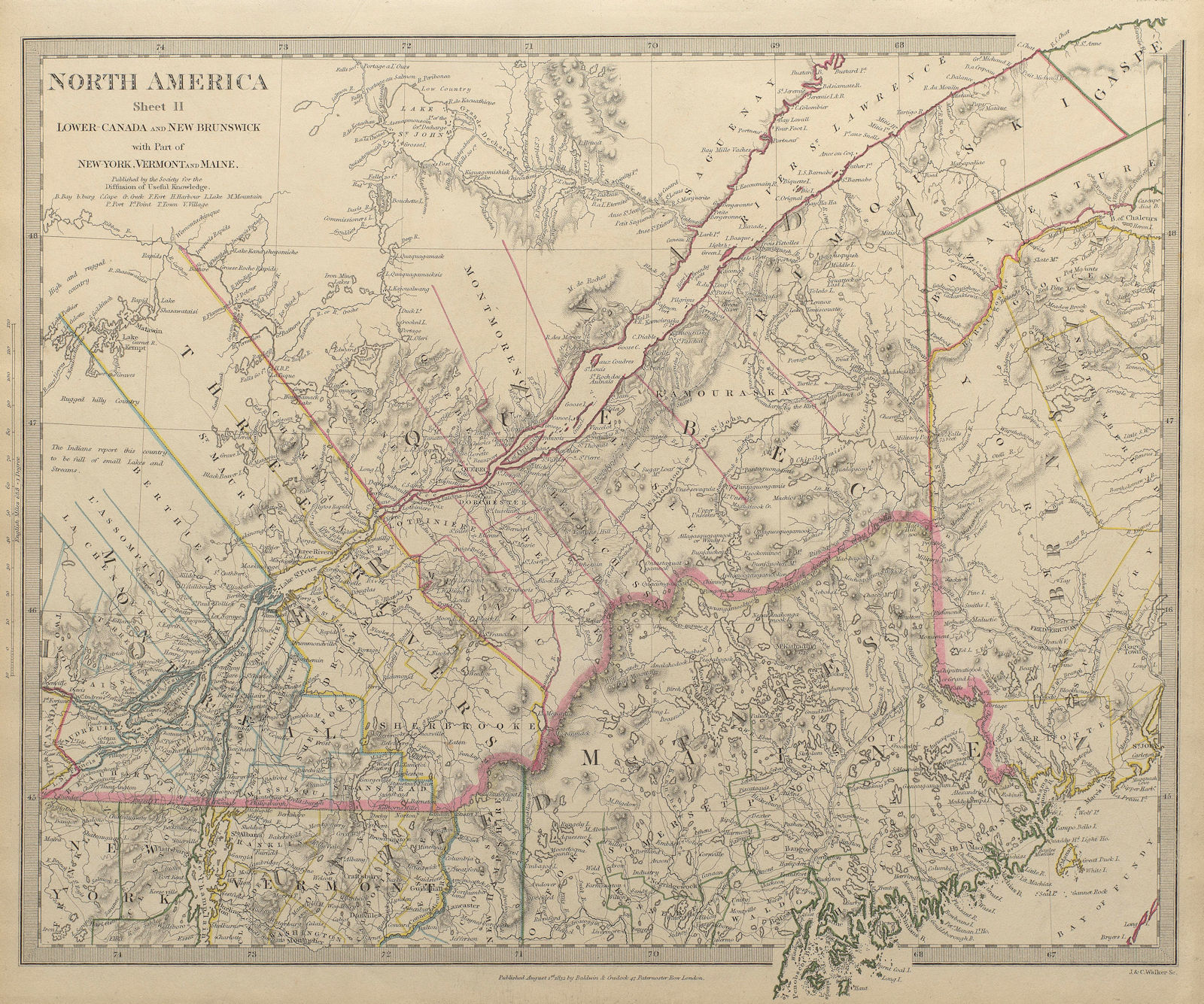 QUEBEC. Québec. Canada.Montreal.Three Rivers.Maine.New Brunswick.SDUK 1844 map