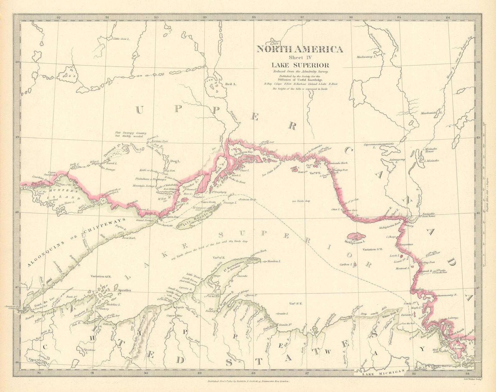 LAKE SUPERIOR.Canada USA Ontario Chippewa Michigan.Indian tribes.SDUK 1844 map