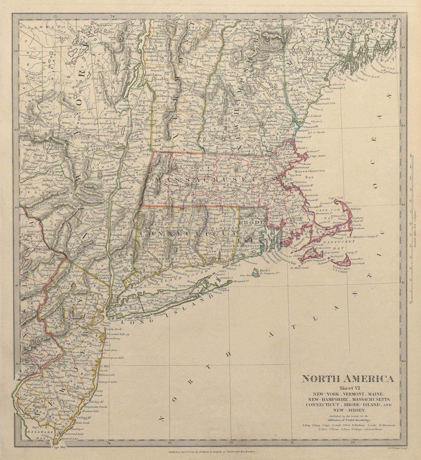 USA.New York Maine Massachusetts Connecticut New Jersey NH RI VT.SDUK 1844 map