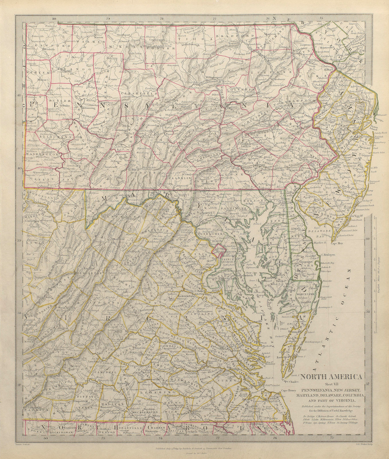 USA. Pennsylvania New Jersey Maryland Delaware DC Virginia. SDUK 1844 old map