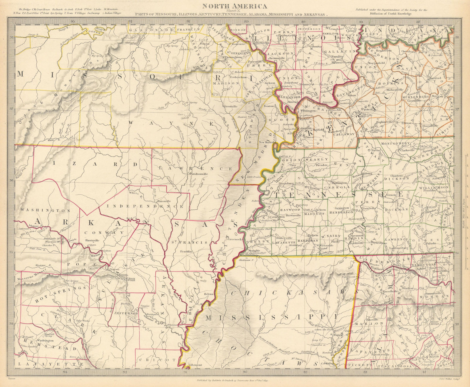 USA. AR MO TN MS IL IN KY AL. Choctaw Chickasaw boundaries. SDUK 1844 old map