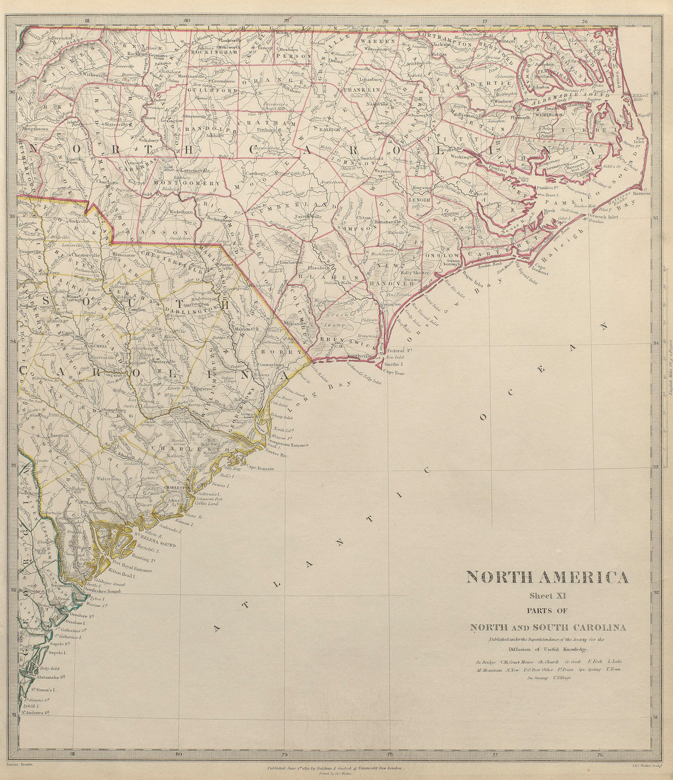 USA. Coastal North & South Carolina. Charleston.Cape Hatteras. SDUK 1844 map