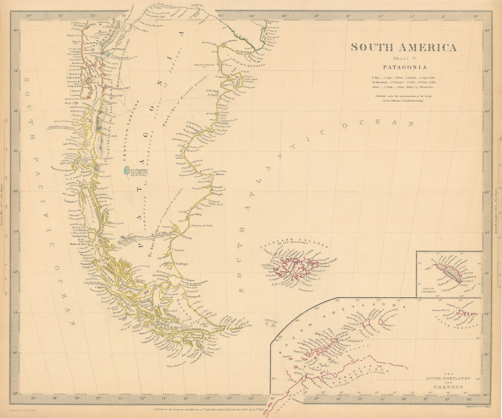 PATAGONIA. Argentina Chile Tierra del Fuego Falklands S Georgia.SDUK 1844 map