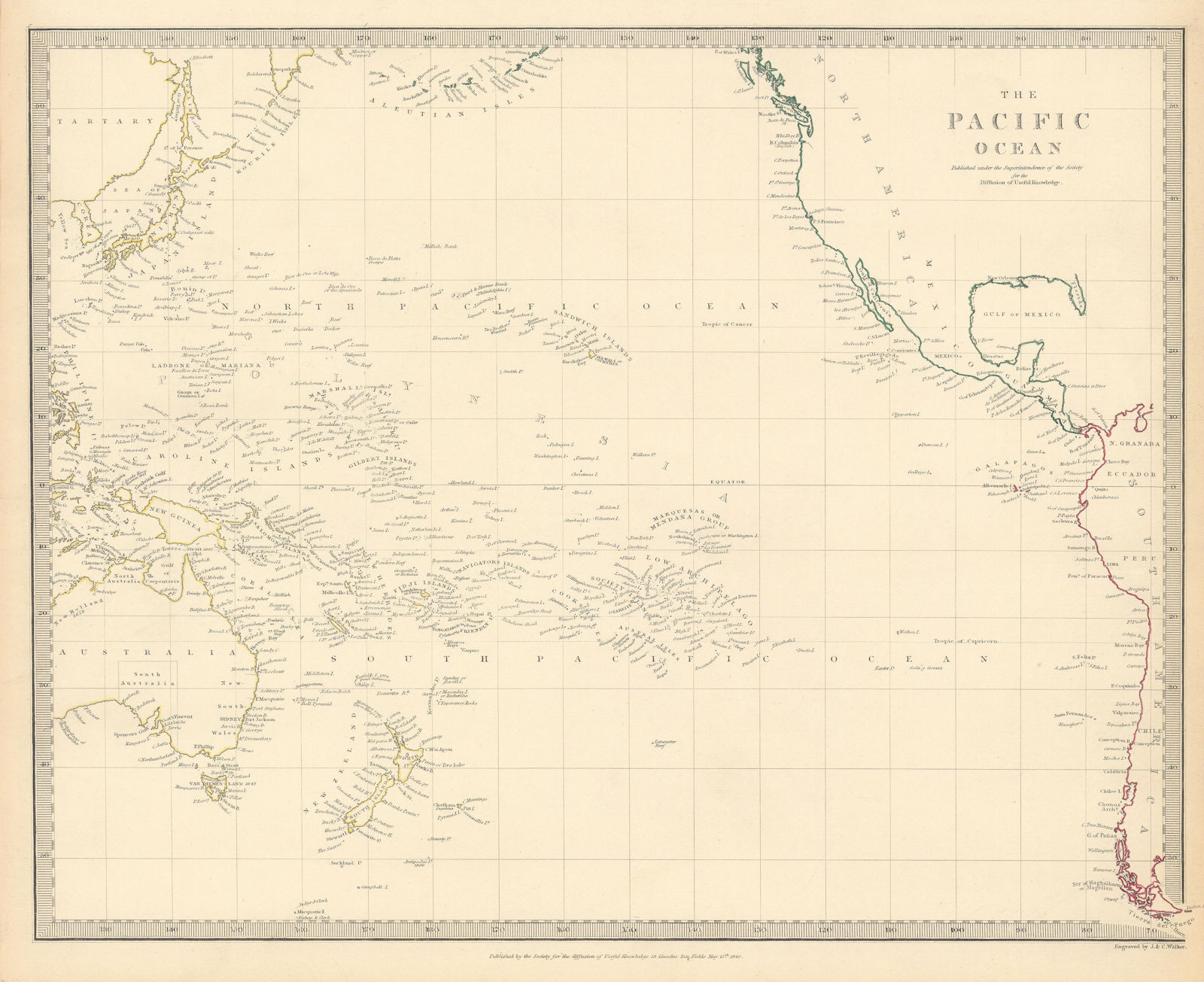 PACIFIC OCEAN. Australasia Polynesia Oceania Sandwich Islands. SDUK 1844 map