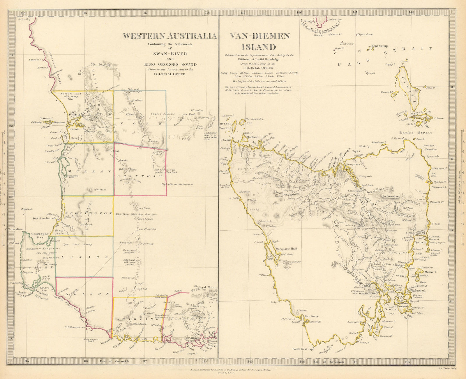Associate Product AUSTRALIA. Western Australia & Van Diemen's Land (Tasmania) . SDUK 1844 map