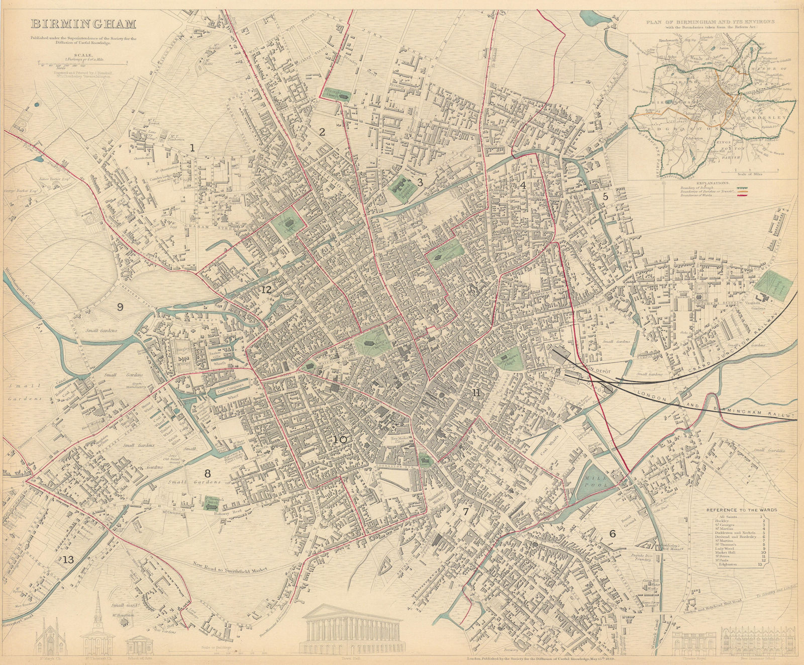 BIRMINGHAM. Antique town city map plan. Inset environs of Birmingham. SDUK 1844