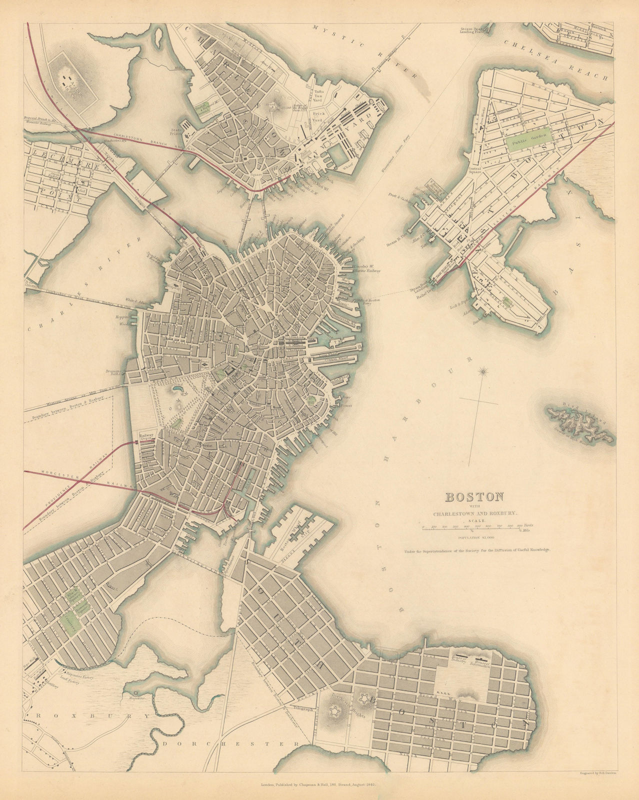 BOSTON WITH CHARLESTOWN AND ROXBURY. Antique town city map plan. SDUK 1844