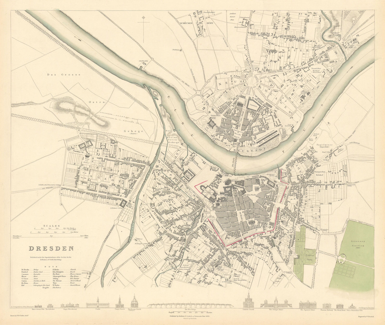 DRESDEN. Antique town city map plan. Original colour. SDUK 1844 old