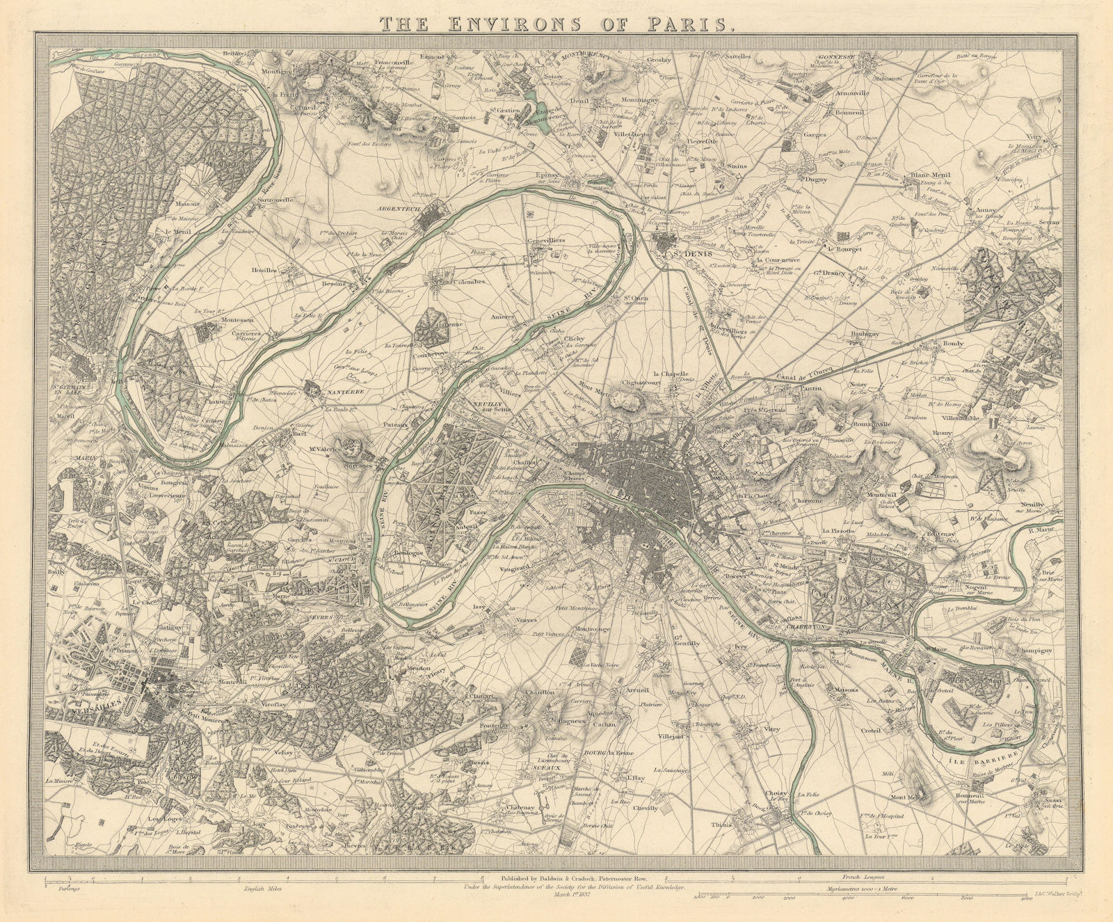 Associate Product PARIS ENVIRONS. Paris. Versailles. Original hand colour. SDUK 1844 old map