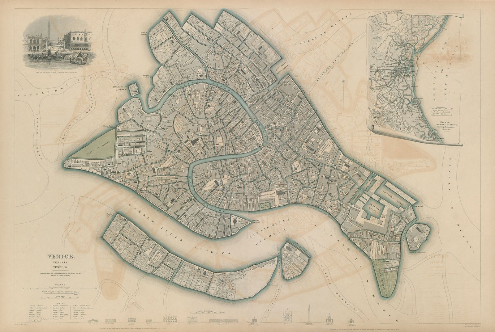 VENICE VENEZIA VENEDIG. Antique town city map plan. Environs. LARGE. SDUK 1844