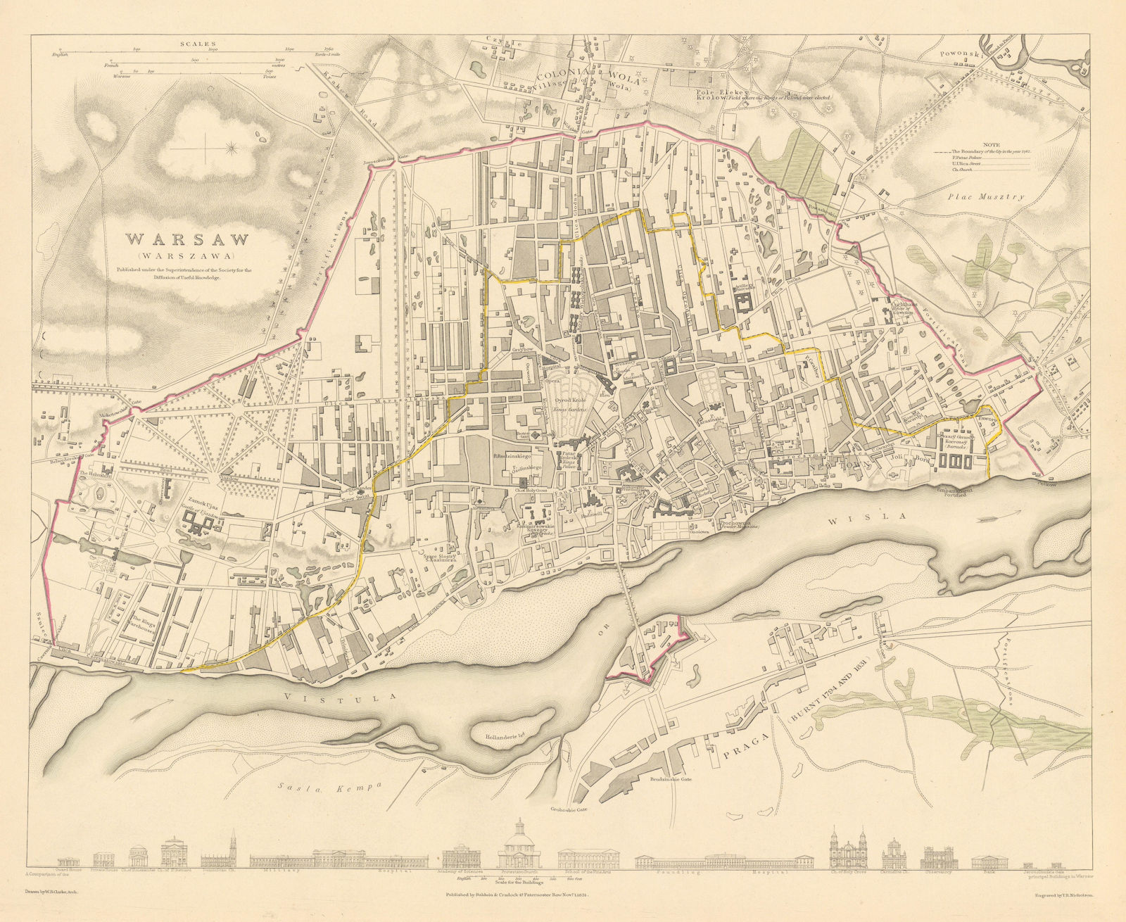 WARSAW WARSZAWA. Antique town city map plan. Building profiles.Colour.SDUK 1844