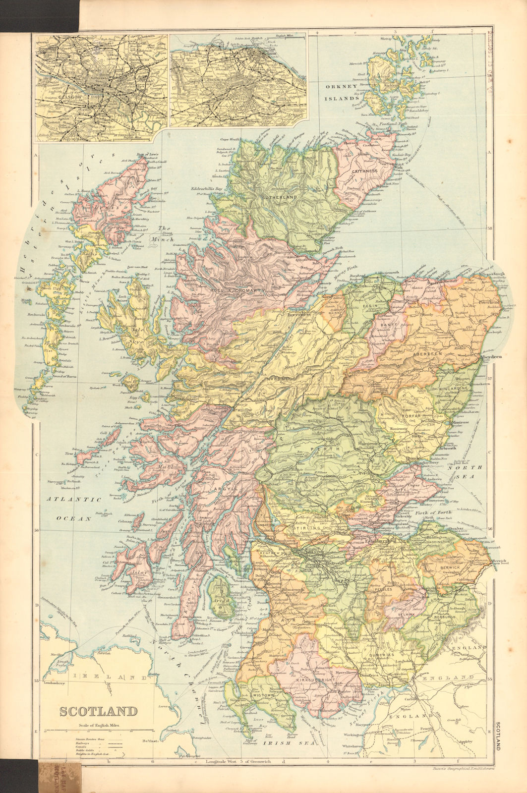 SCOTLAND. Edinburgh Glasgow environs. Counties. Railways. BACON 1904 old map