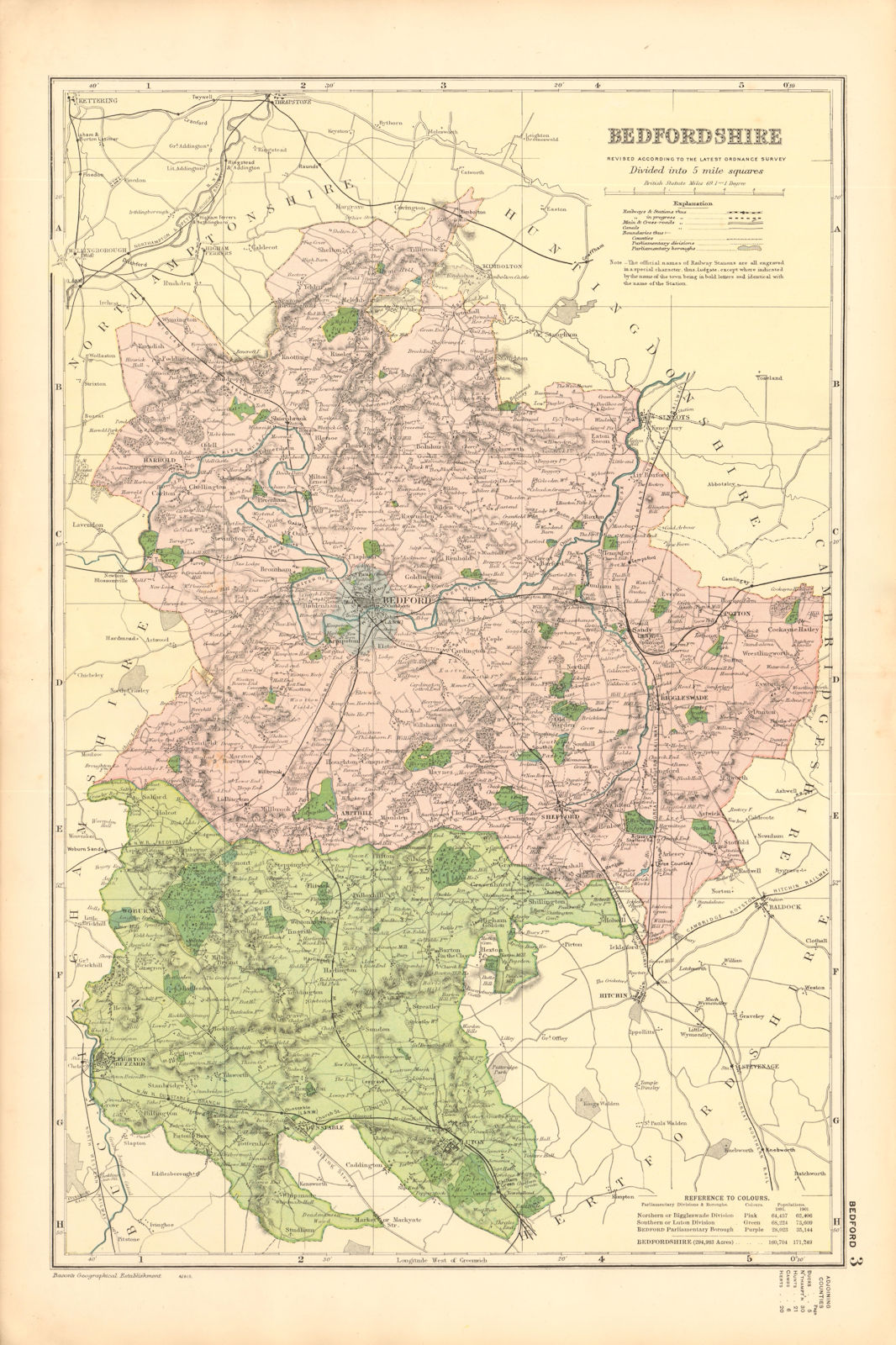 BEDFORDSHIRE. Showing Parliamentary divisions, boroughs & parks. BACON 1904 map