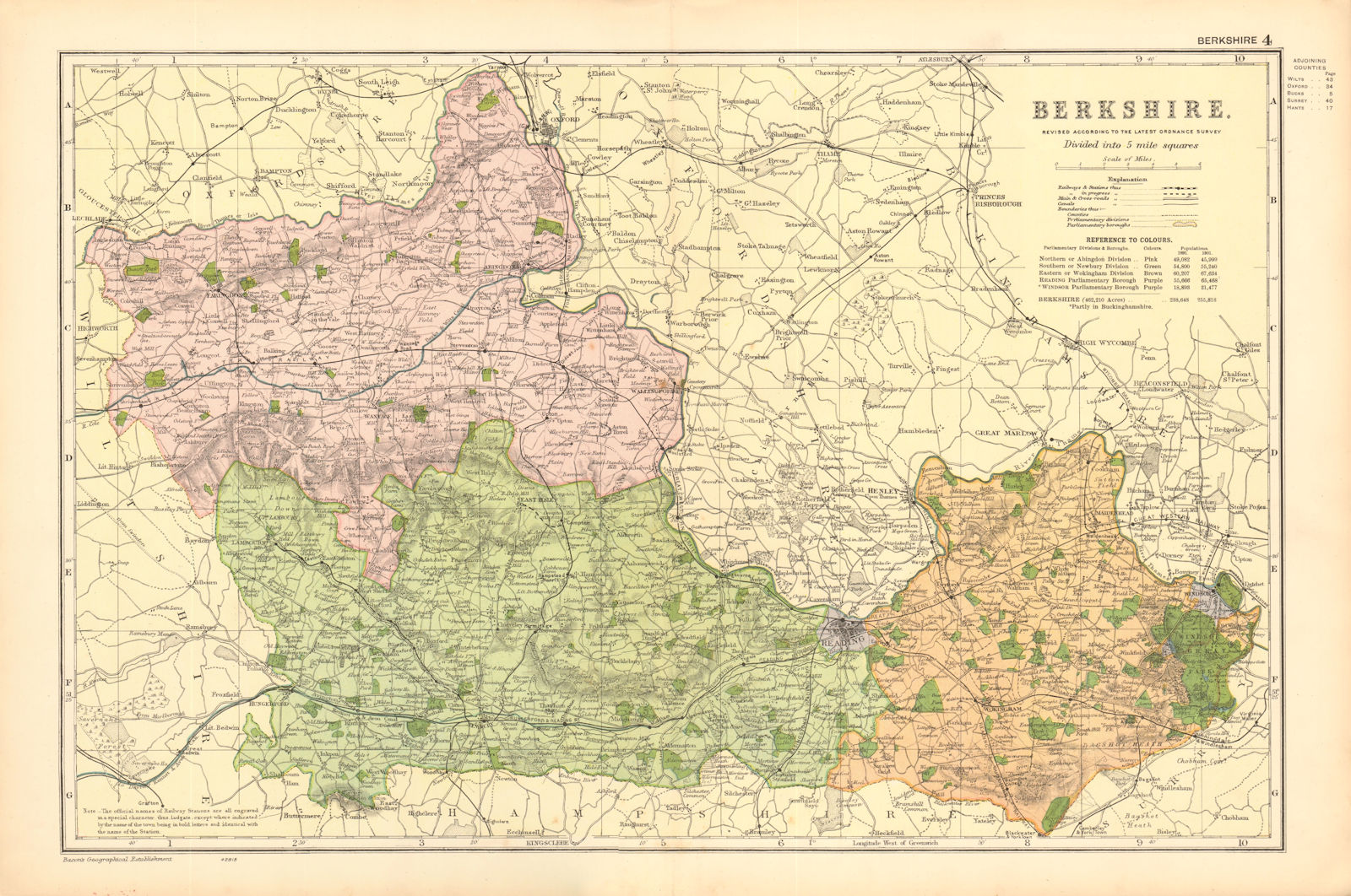 BERKSHIRE. Showing Parliamentary divisions, boroughs & parks. BACON 1904 map