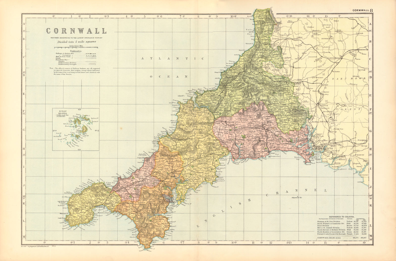 CORNWALL. Showing Parliamentary divisions, boroughs & parks. BACON 1904 map