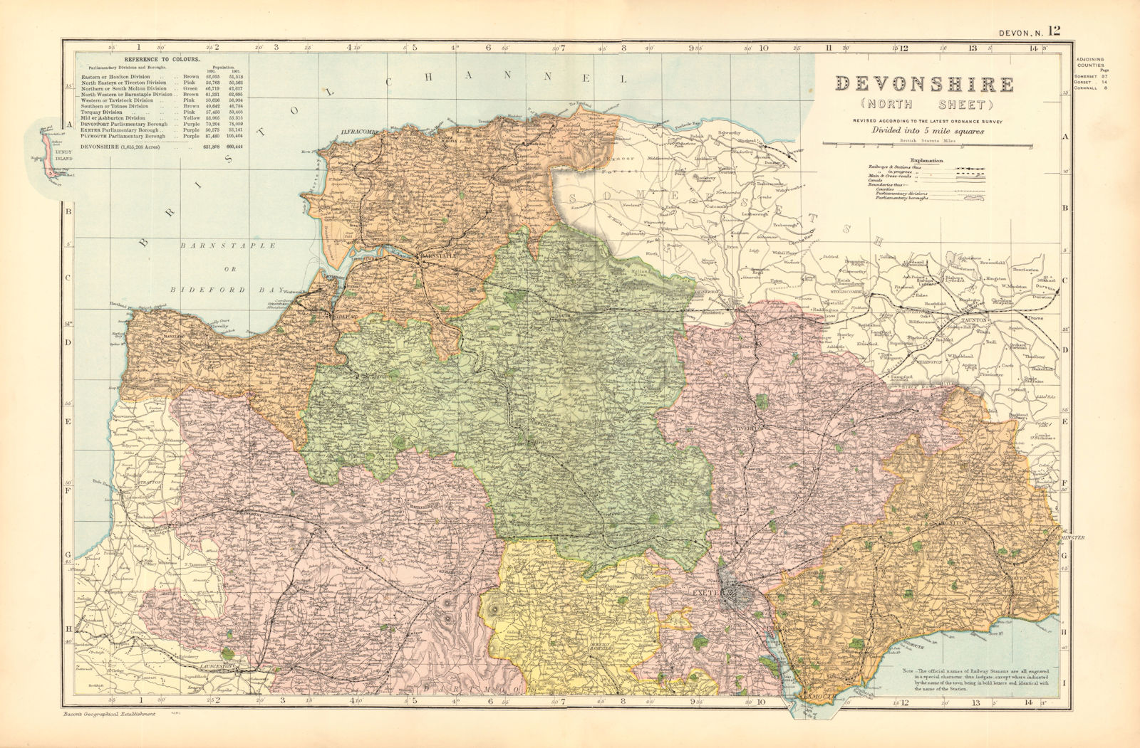 DEVONSHIRE (NORTH). Parliamentary divisions. Parks. Devon. BACON 1904 old map