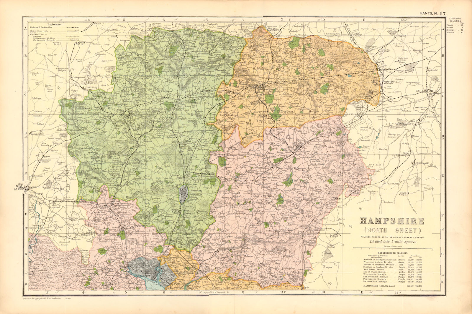 HAMPSHIRE (NORTH). Showing Parliamentary divisions & parks. BACON 1904 old map
