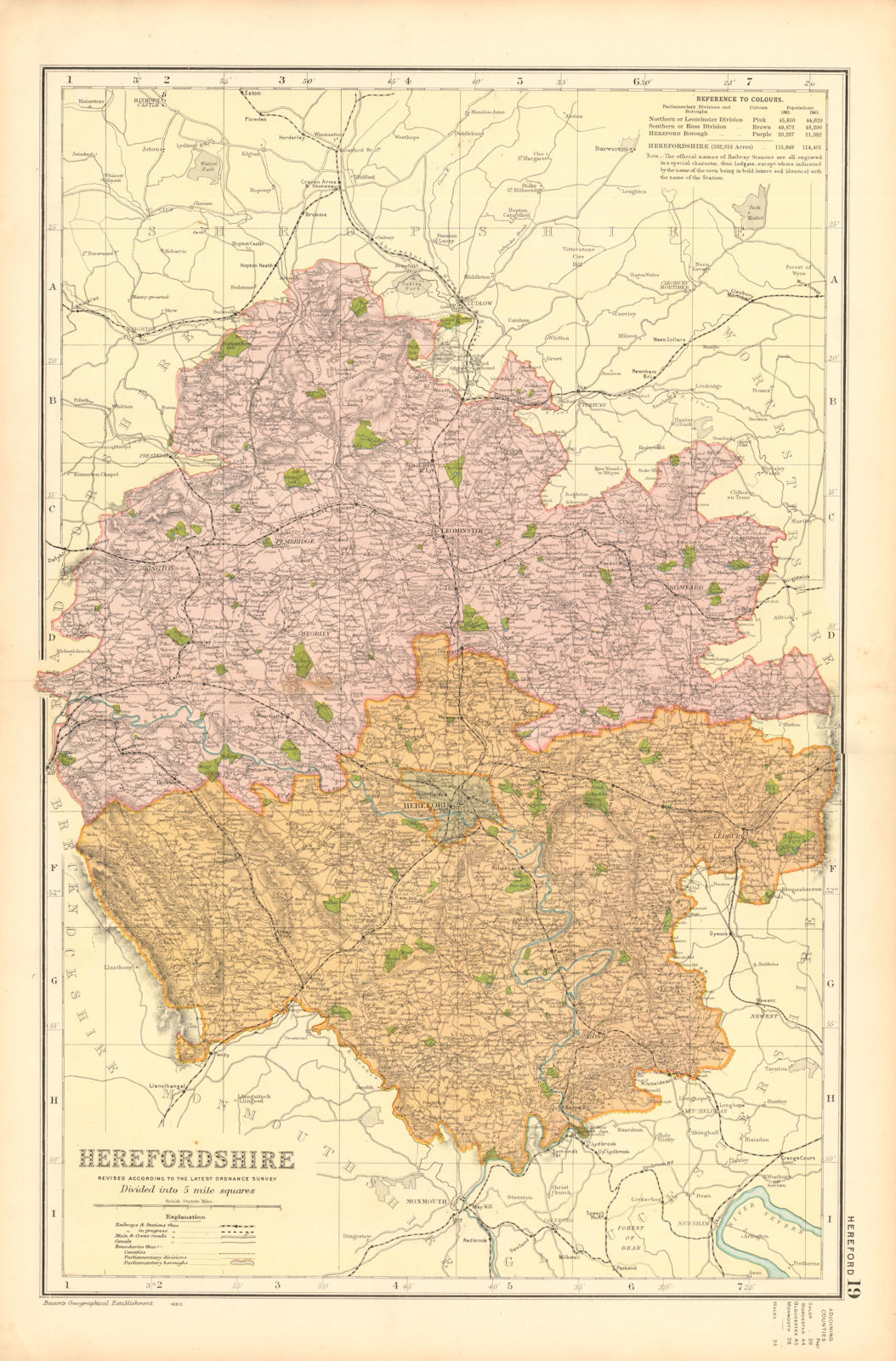 HEREFORDSHIRE. Showing Parliamentary divisions, boroughs & parks. BACON 1904 map
