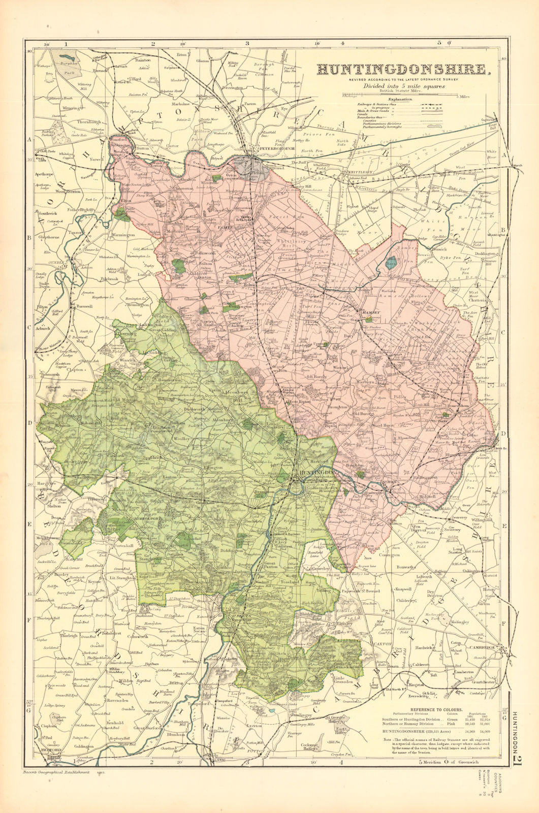 Associate Product HUNTINGDONSHIRE. Showing Parliamentary divisions,boroughs & parks.BACON 1904 map
