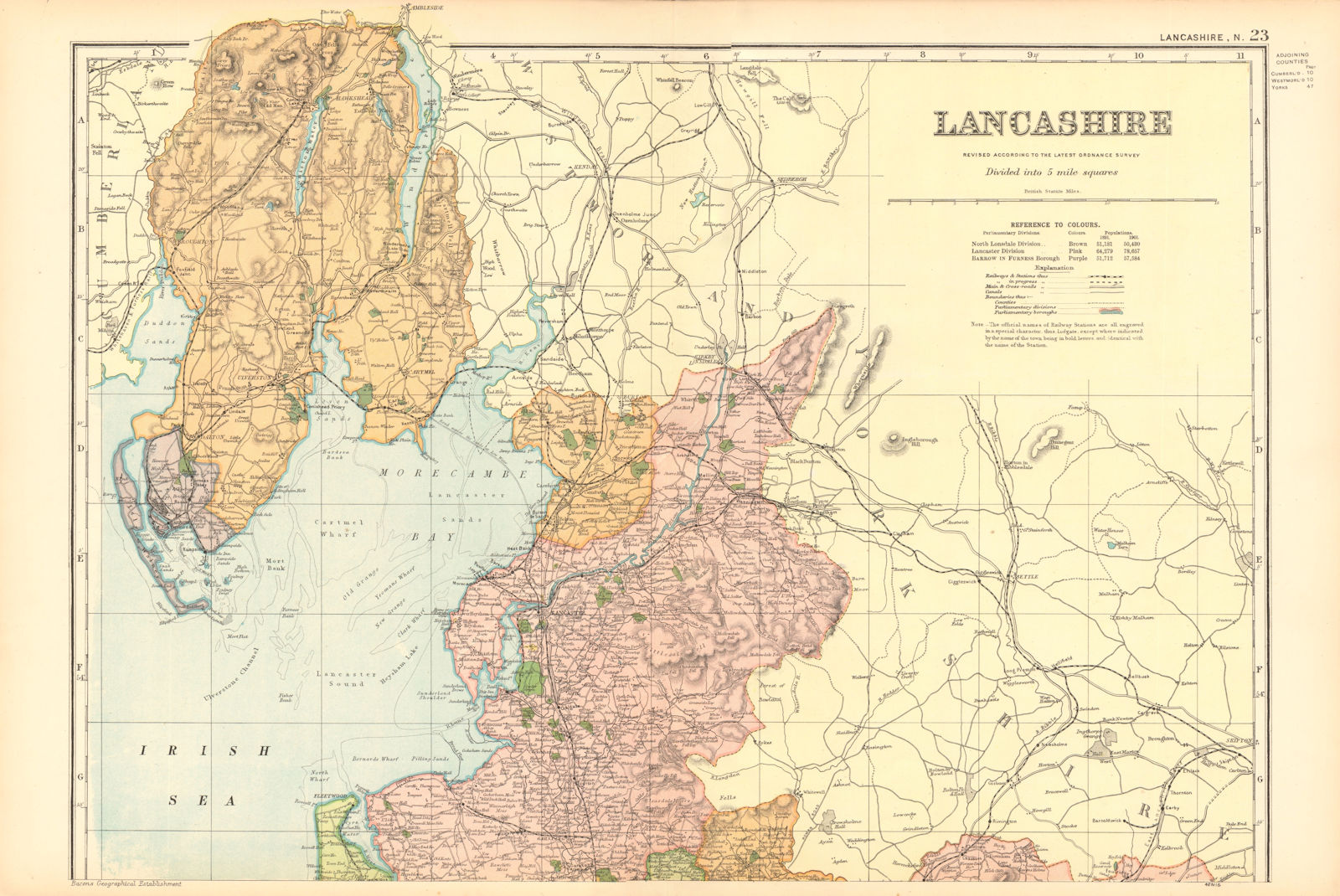 LANCASHIRE (NORTH). Showing Parliamentary divisions & parks. BACON 1904 map