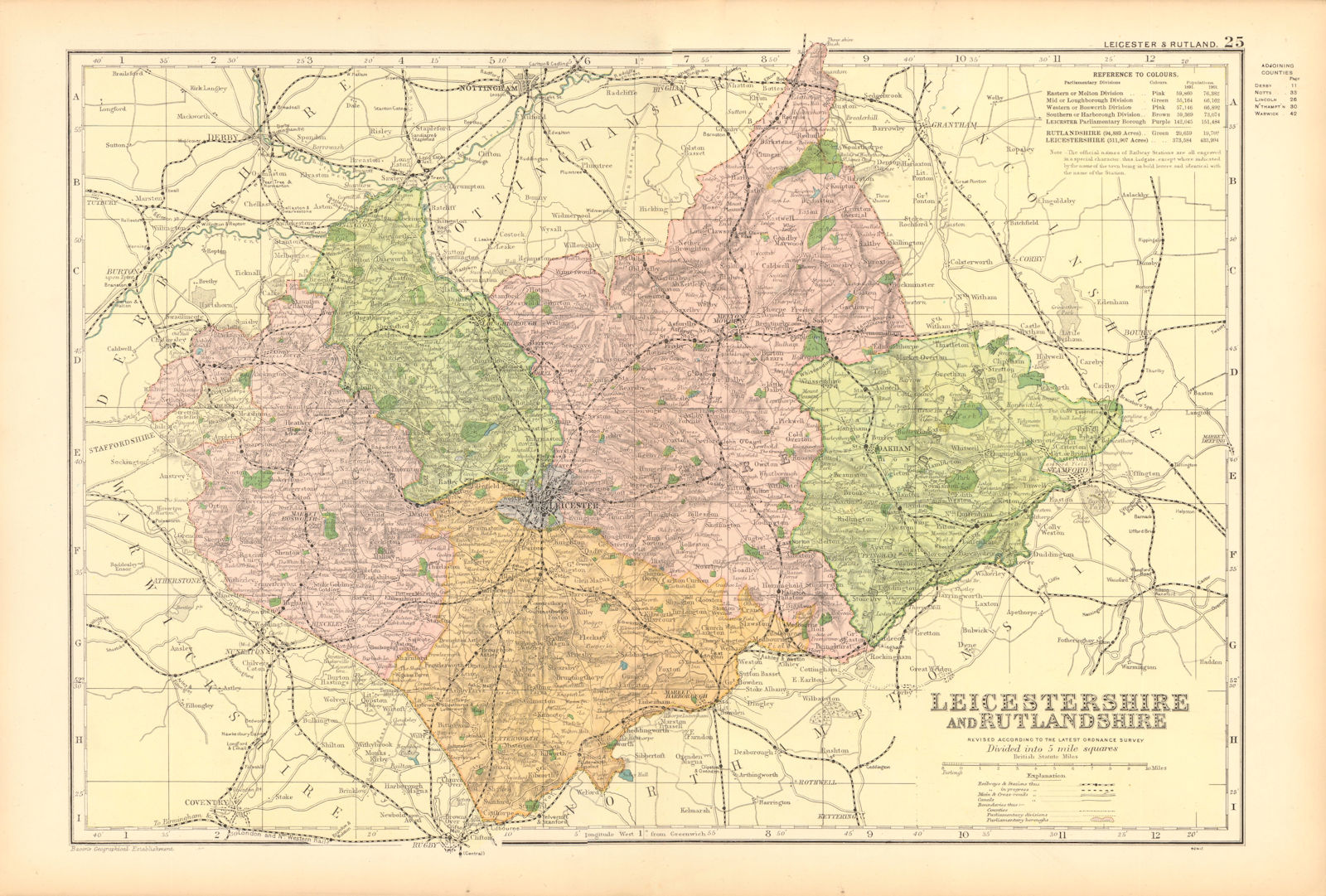 LEICESTERSHIRE AND RUTLANDSHIRE. Parliamentary divisions & parks. BACON 1904 map
