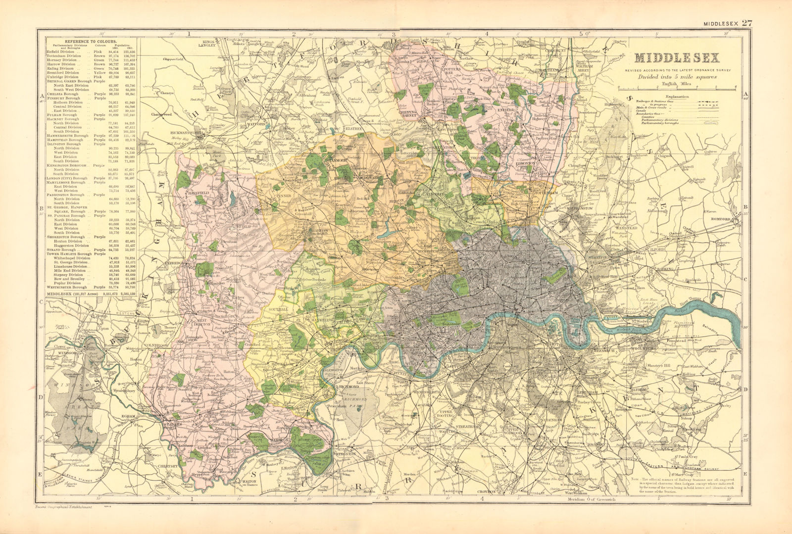 MIDDLESEX showing Parliamentary divisions,boroughs & parks.London.BACON 1904 map
