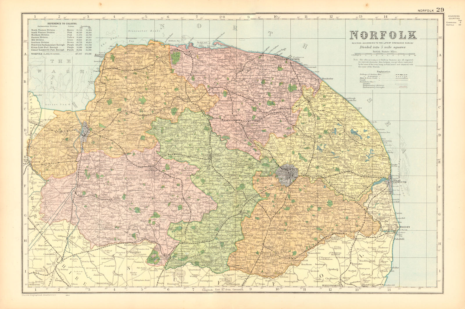 NORFOLK. Showing Parliamentary divisions, boroughs & parks. BACON 1904 old map