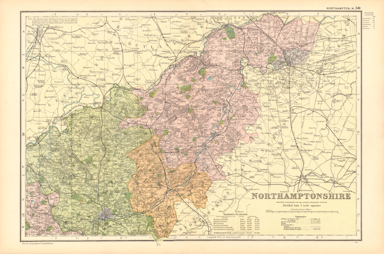 NORTHAMPTONSHIRE (NORTH). Constituencies, boroughs & parks. BACON 1904 old map