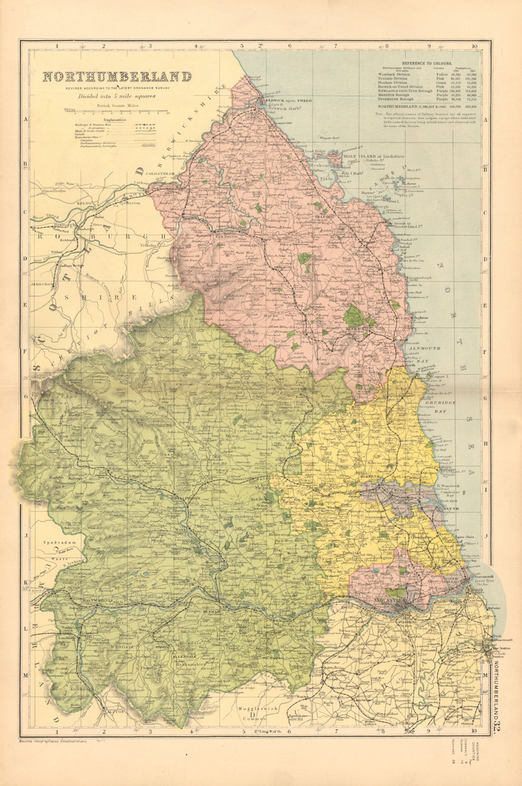 NORTHUMBERLAND. Showing Parliamentary divisions,boroughs & parks.BACON 1904 map