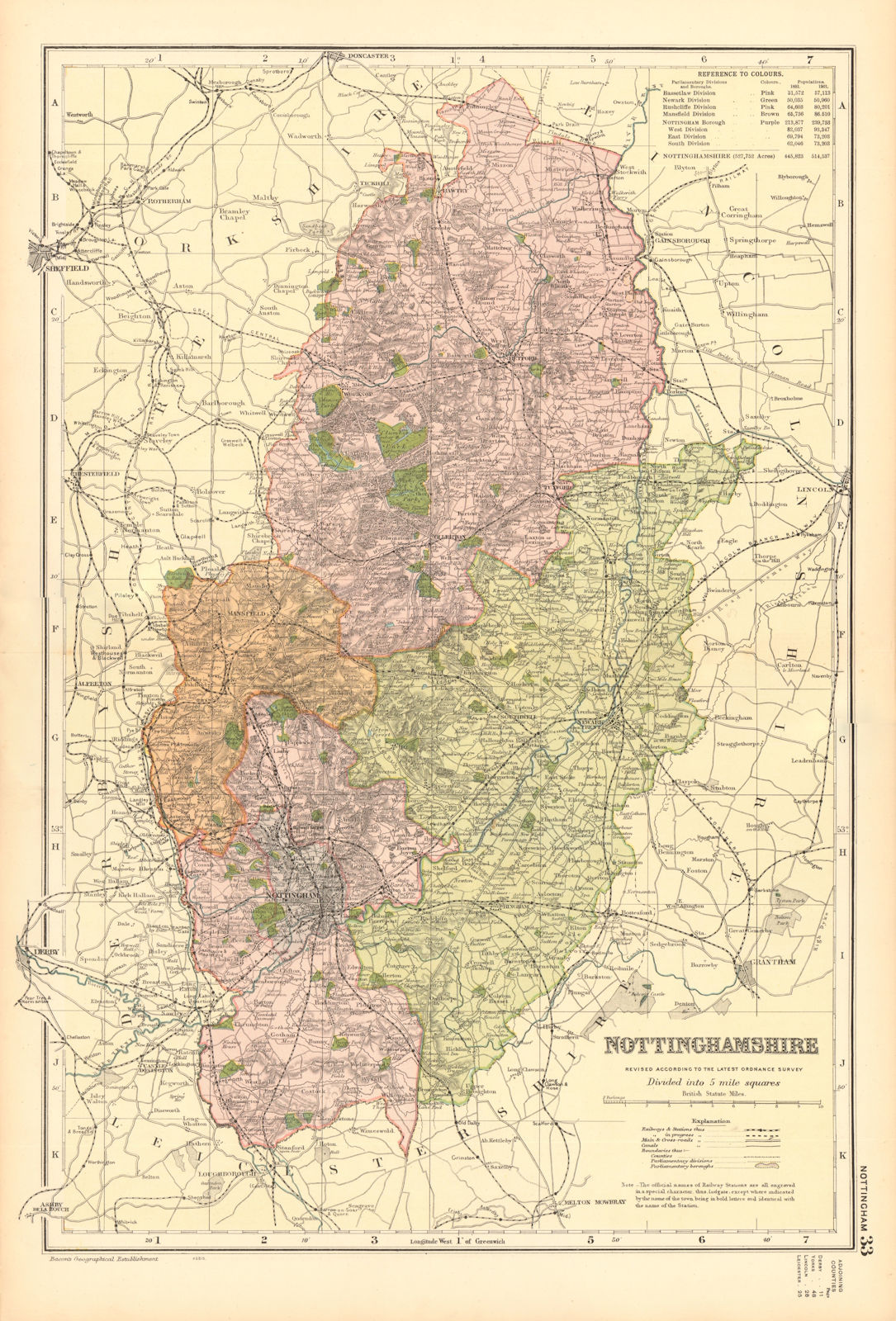 NOTTINGHAMSHIRE. Showing Parliamentary divisions,boroughs & parks.BACON 1904 map