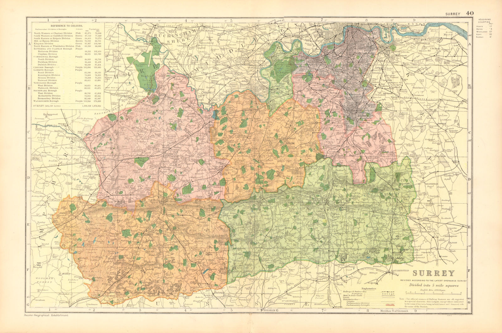 SURREY. Showing Parliamentary divisions, boroughs & parks. BACON 1904 old map