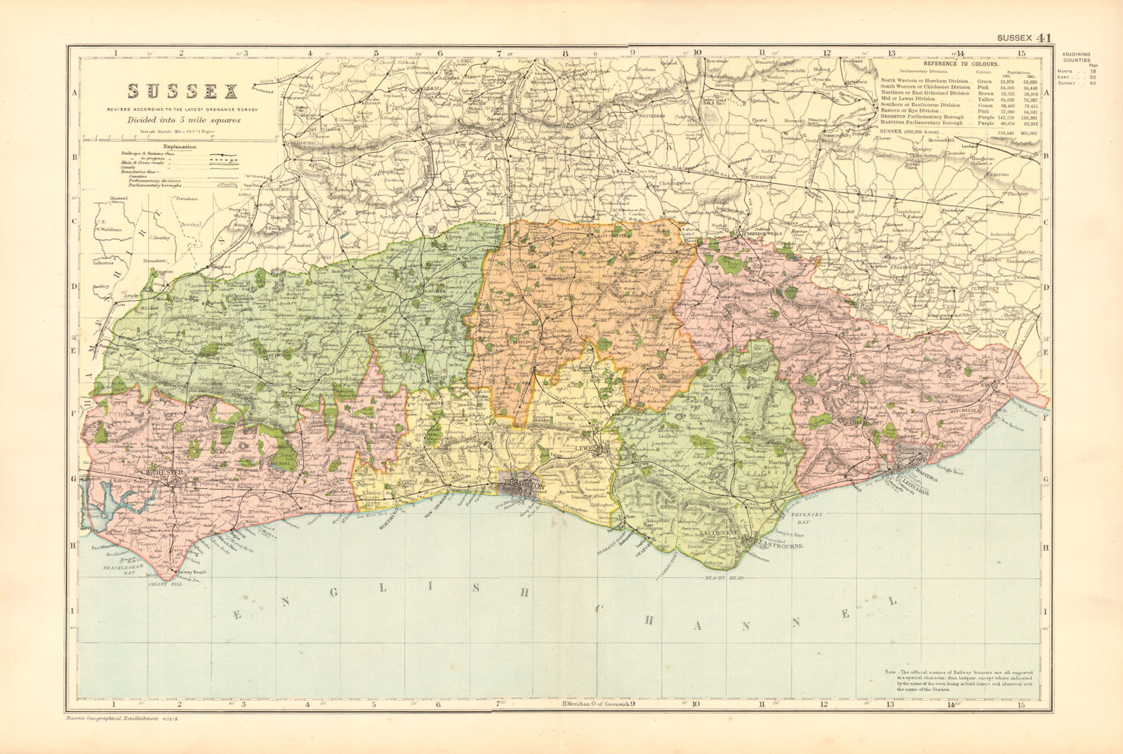 SUSSEX. Showing Parliamentary divisions, boroughs & parks. BACON 1904 old map