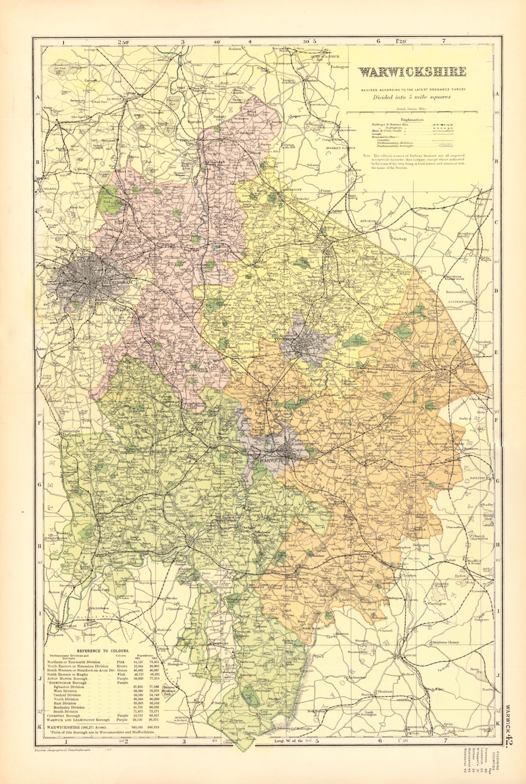 WARWICKSHIRE. Showing Parliamentary divisions, boroughs & parks. BACON 1904 map