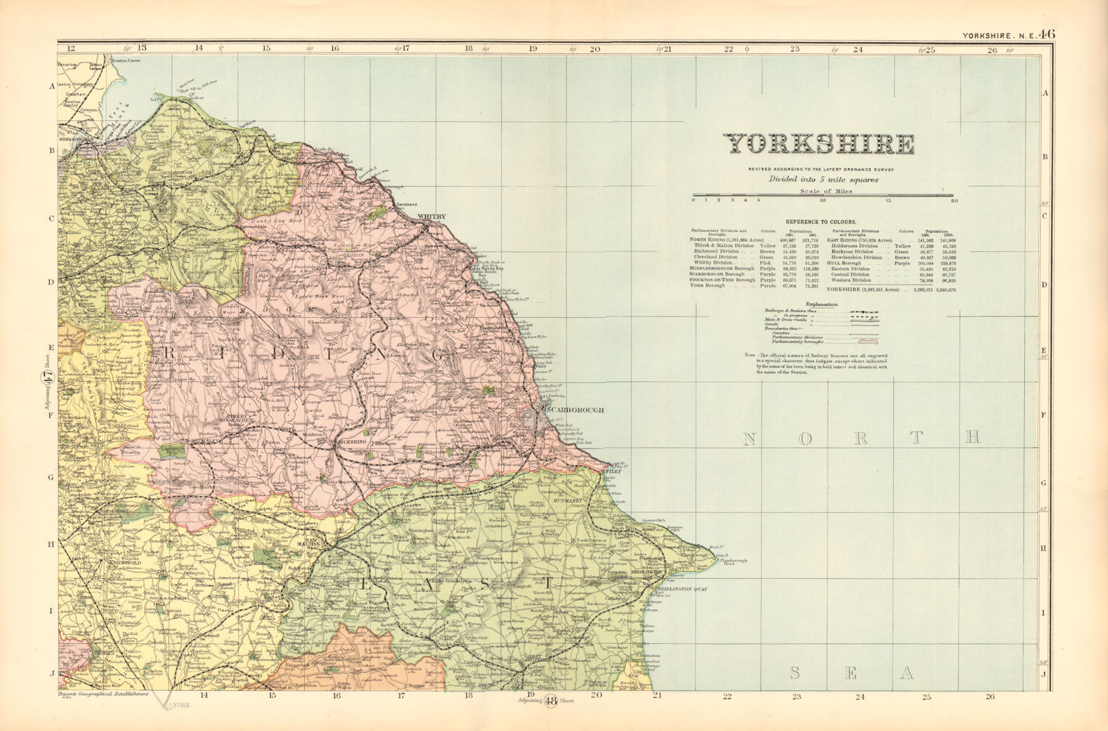 YORKSHIRE (NORTH EAST). Showing Parliamentary divisions & parks. BACON 1904 map