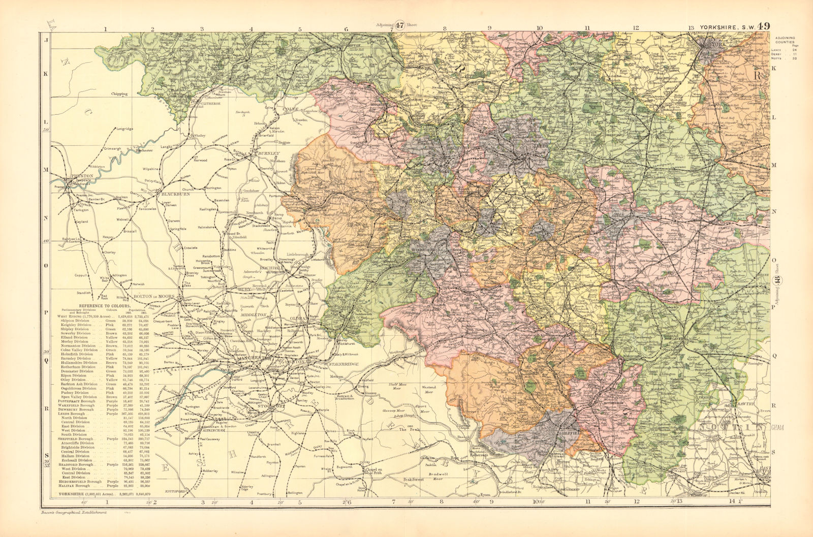 YORKSHIRE (SOUTH WEST). Showing Parliamentary divisions & parks. BACON 1904 map